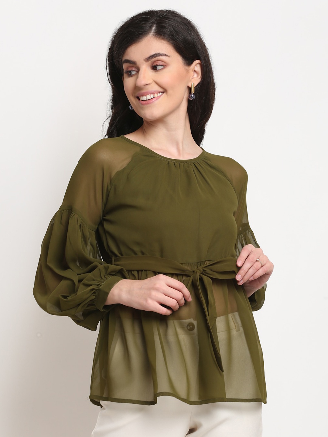 

La Zoire Olive Green Sheer Georgette Cinched Waist Top