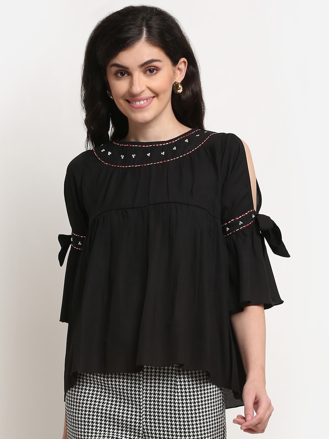 

La Zoire Black Slit Sleeves Empire Top