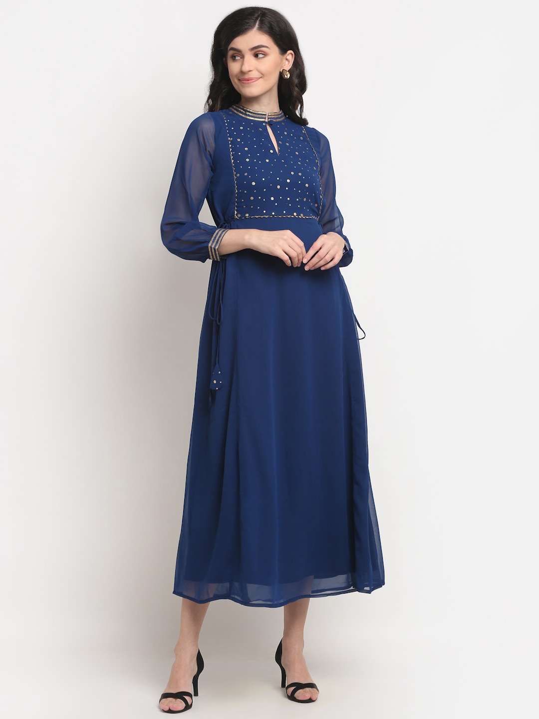 

La Zoire Navy Blue Embellished Keyhole Neck Georgette Midi Dress