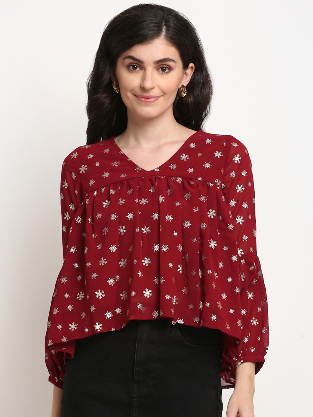 

La Zoire Maroon Foil Print Georgette Crop Top