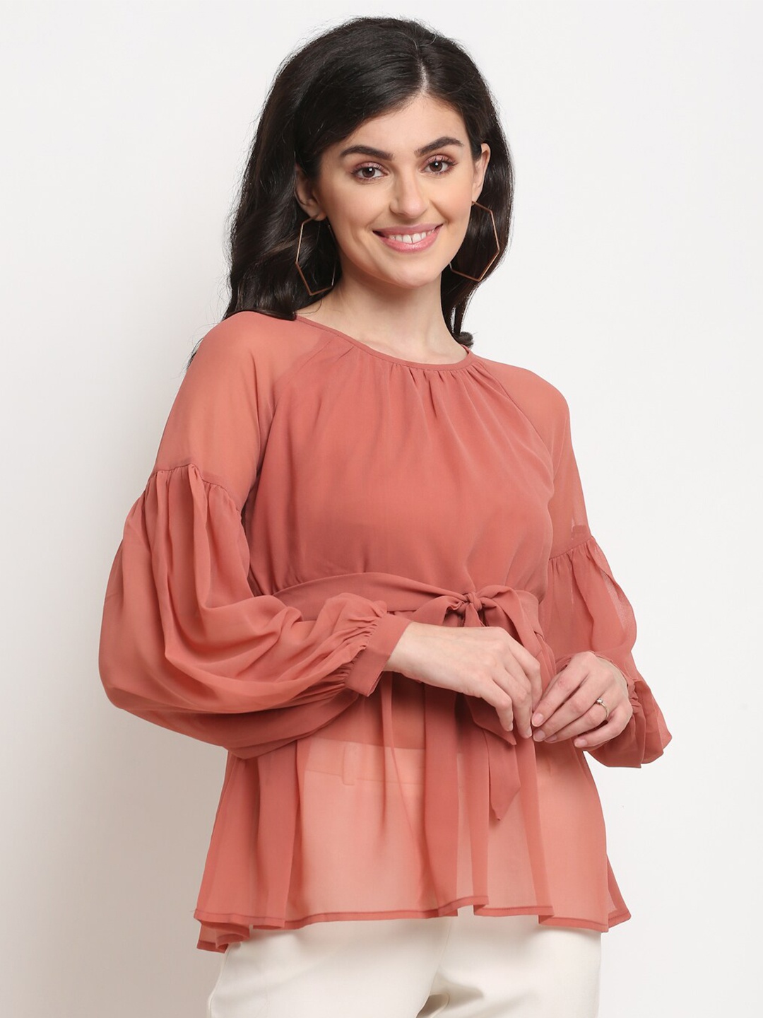 

La Zoire Pink Solid Bishop Sleeves Sheer Georgette Peplum Top