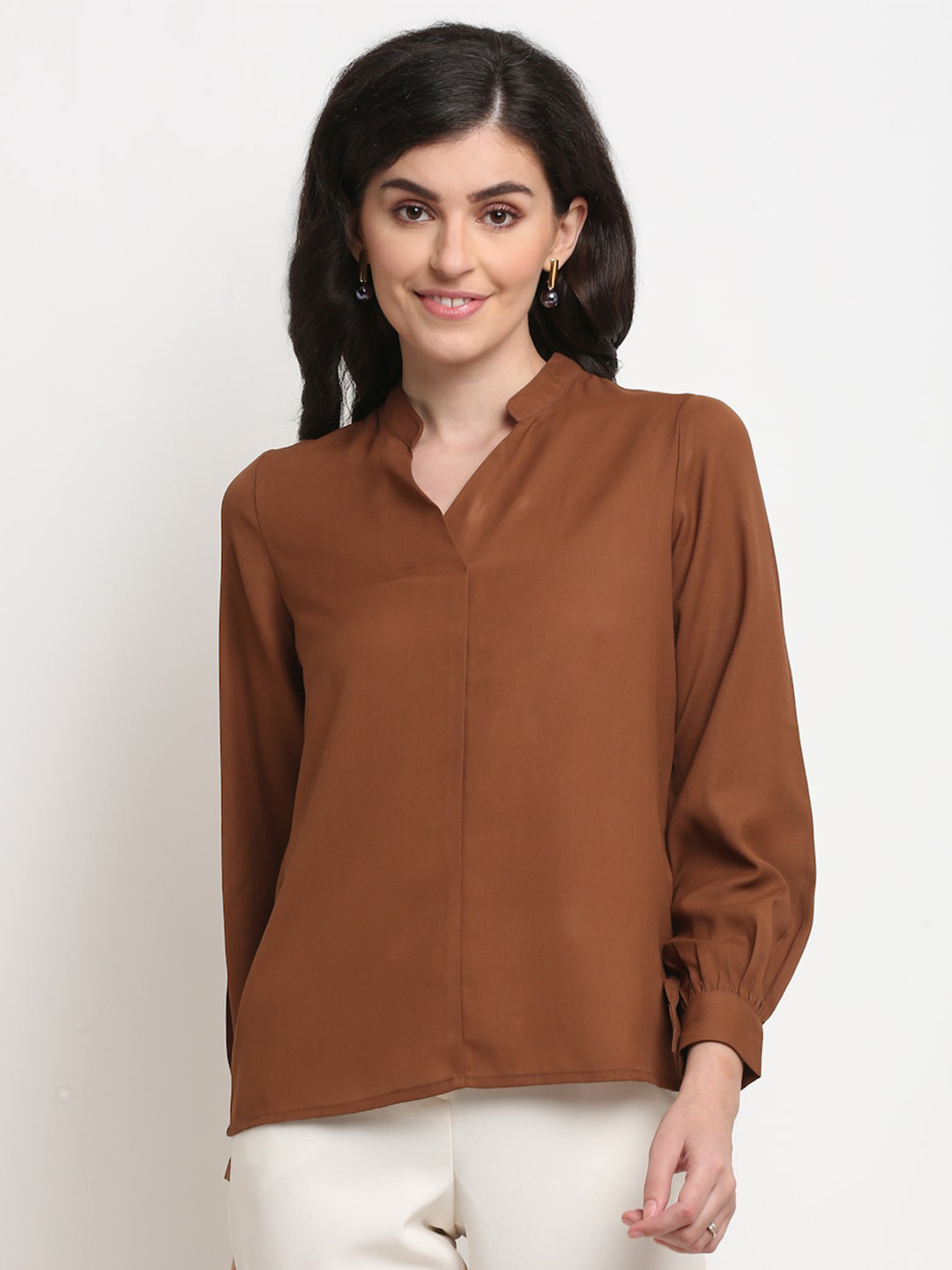 

La Zoire Brown Mandarin Collar Georgette Shirt Style Top