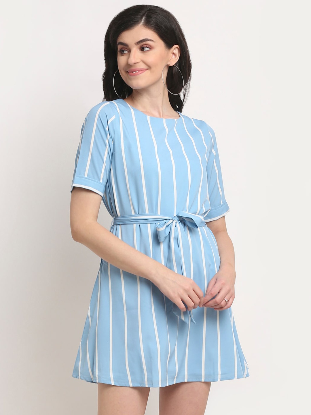

La Zoire Blue Striped Crepe A-line Dress with Tie-Up Belt