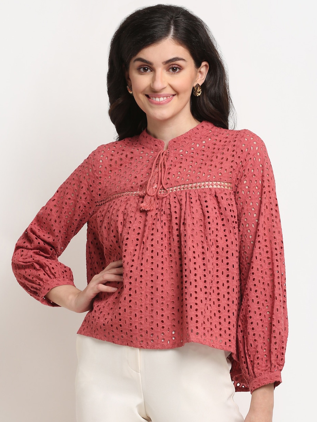 

La Zoire Pink Cotton Tie-Up Neck Schiffli Top
