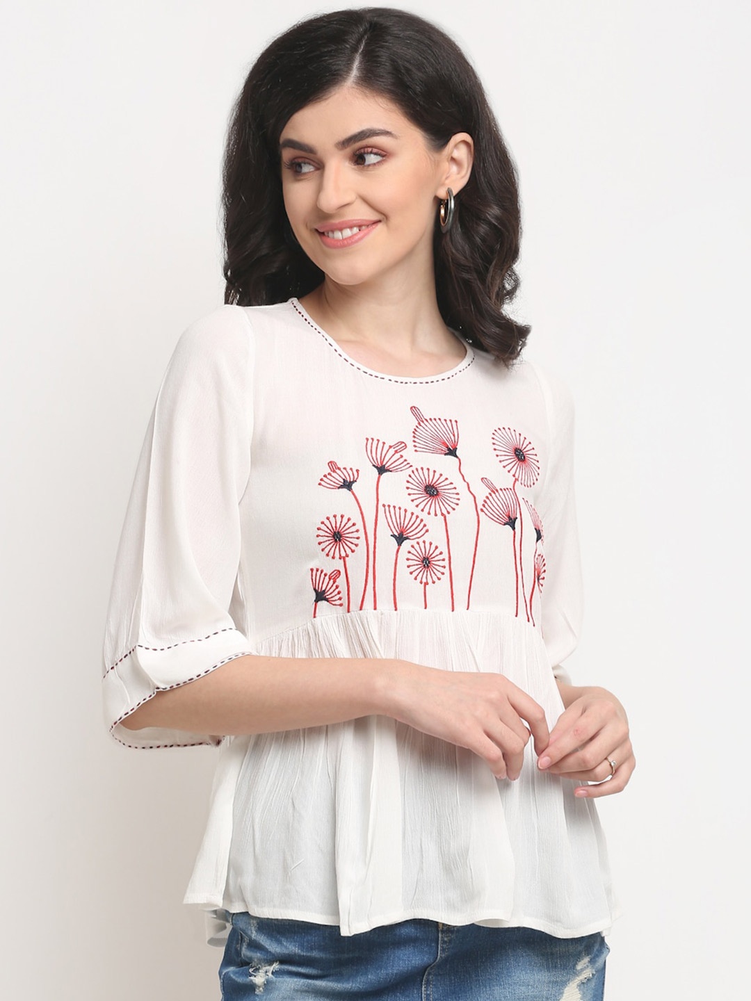 

La Zoire White & Red Floral Embroidered Top