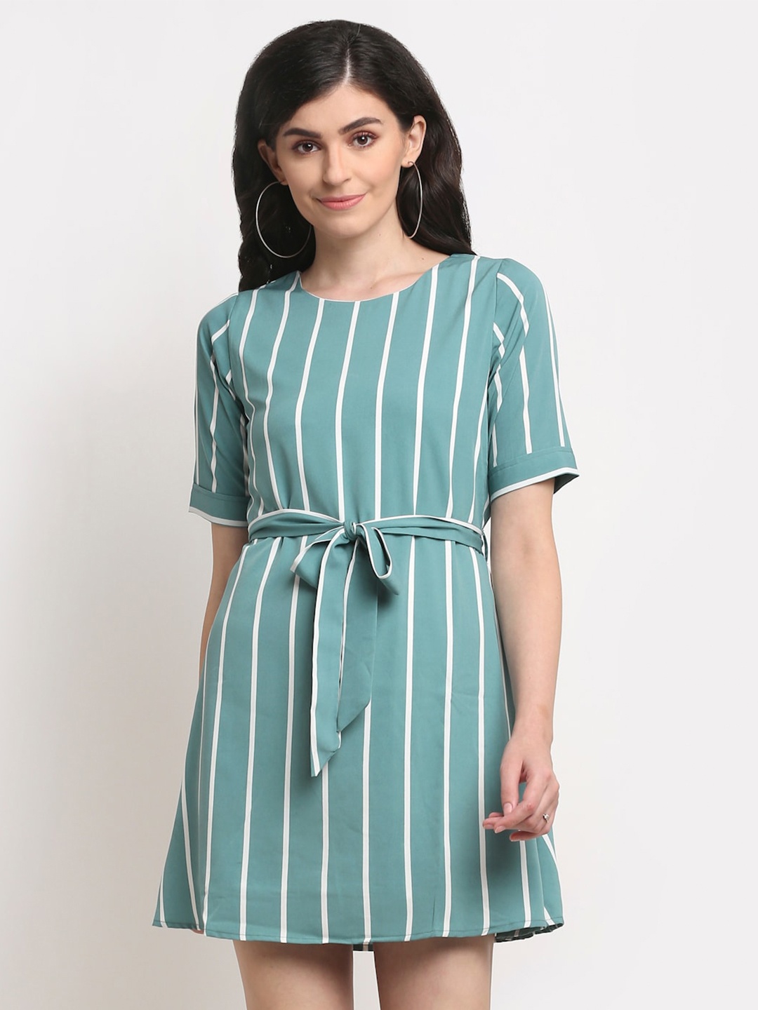 

La Zoire Teal Blue & White Striped Crepe A-Line Dress