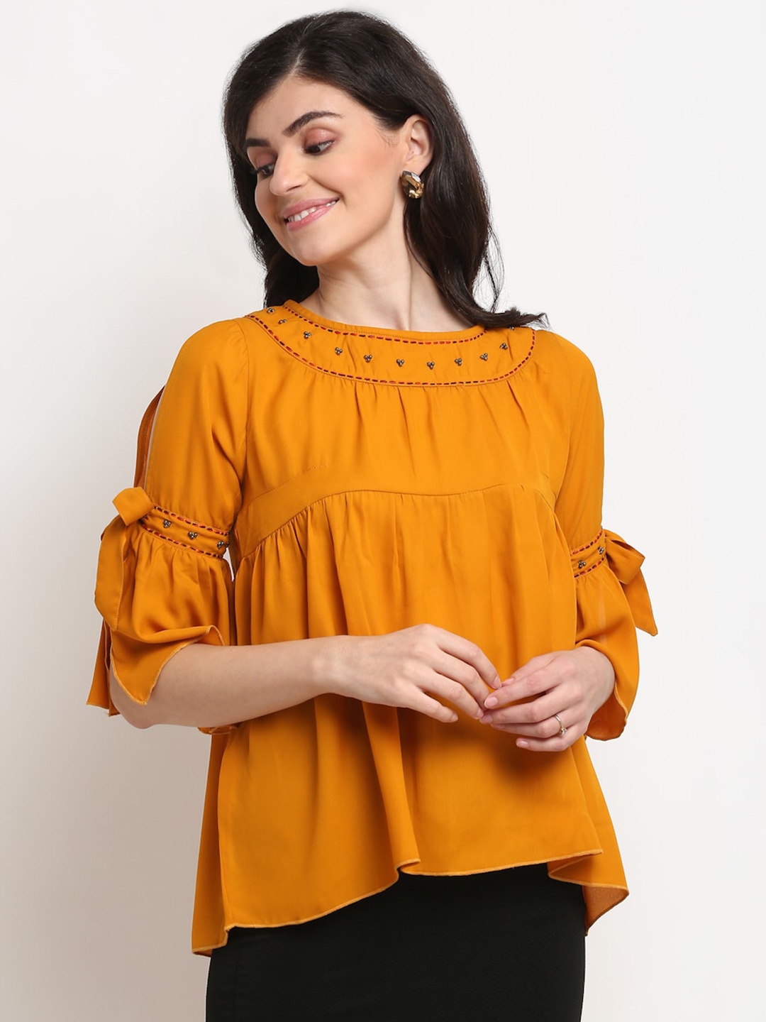 

La Zoire Mustard Yellow Geometric Embroidered Georgette Top