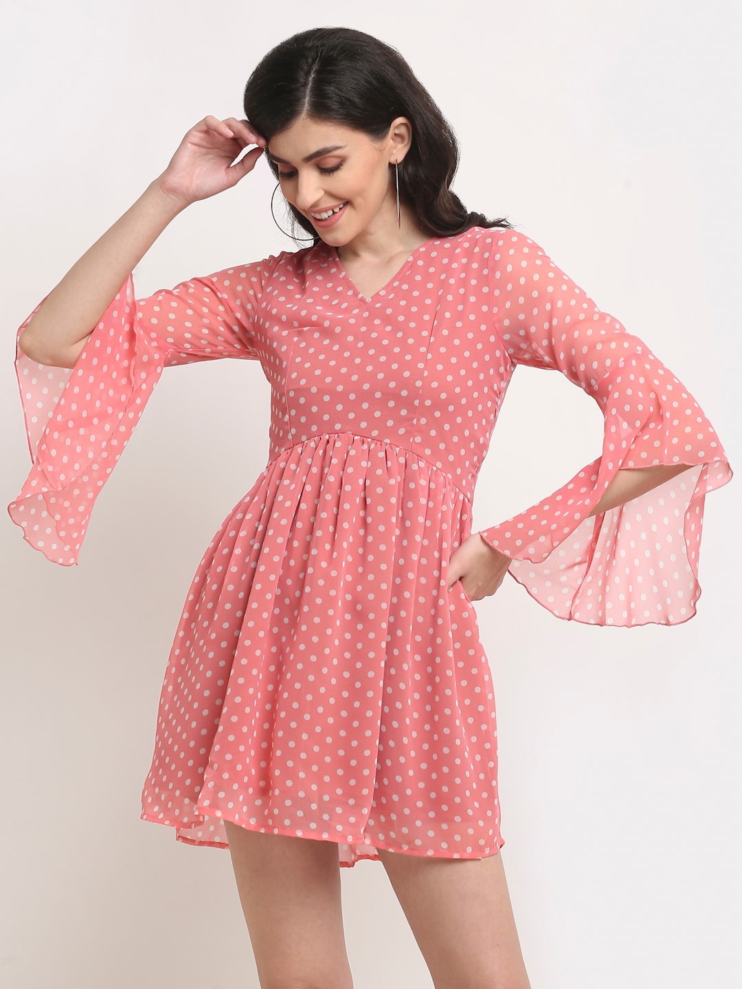 

La Zoire Peach-Coloured & White Polka Dots Printed Bell Sleeves Fit & Flare Dress