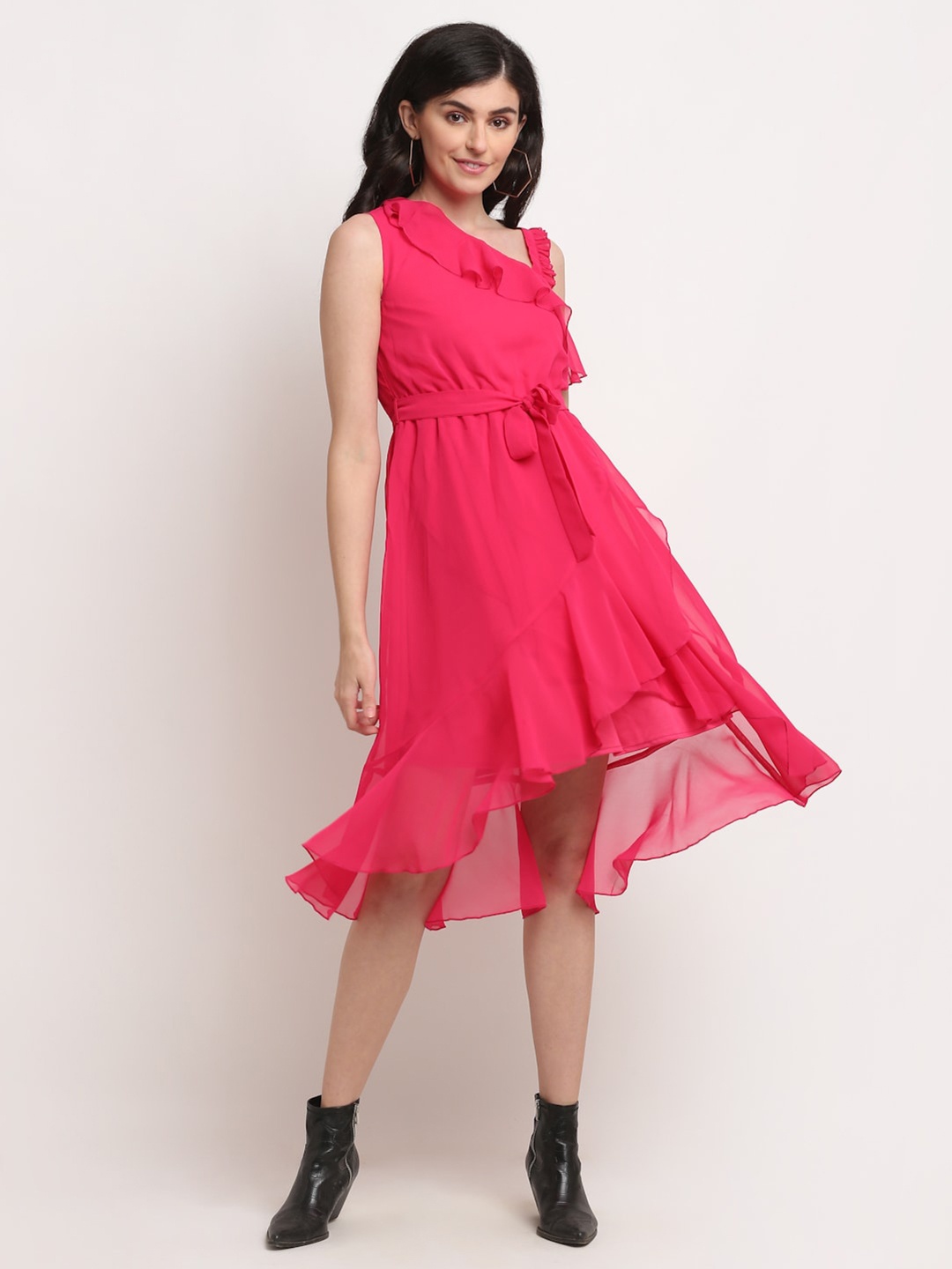 La Zoire Pink One Shoulder Georgette Dress