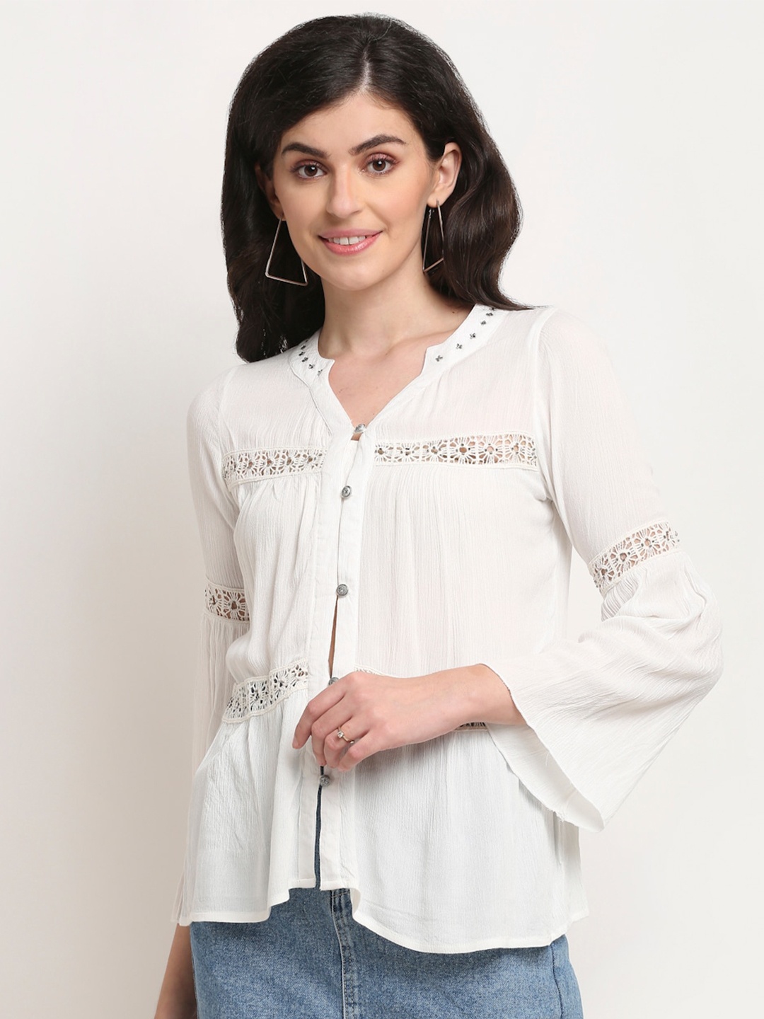La Zoire White Mandarin Collar Shirt Style Top
