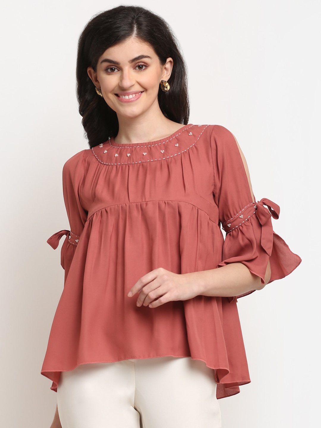 

La Zoire Pink Solid Georgette A-Line Top