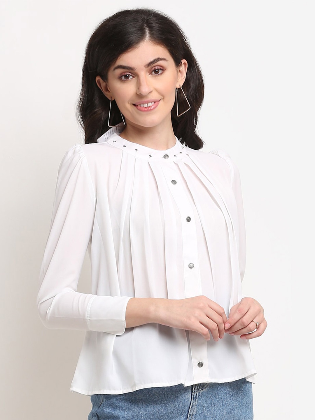 

La Zoire White Mandarin Collar Georgette Top