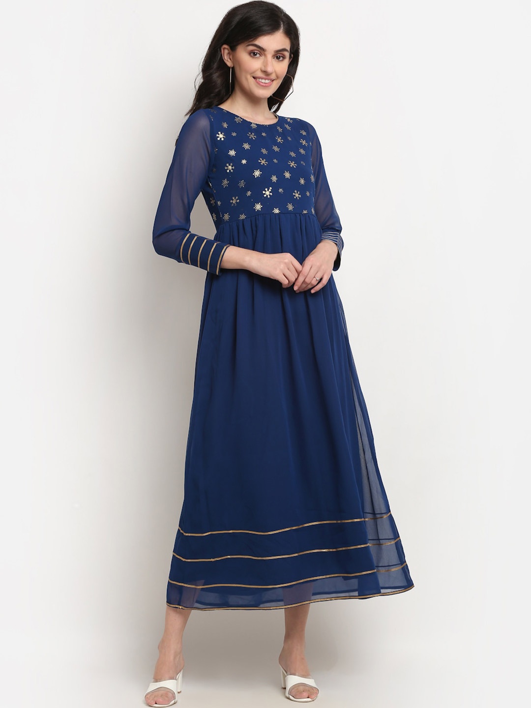 La Zoire Foil Print Georgette Maxi Dress, Navy blue