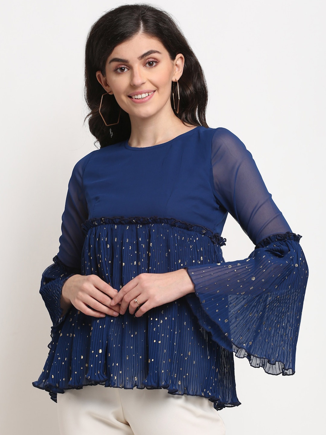

La Zoire Navy Blue Printed Pleated Georgette Top