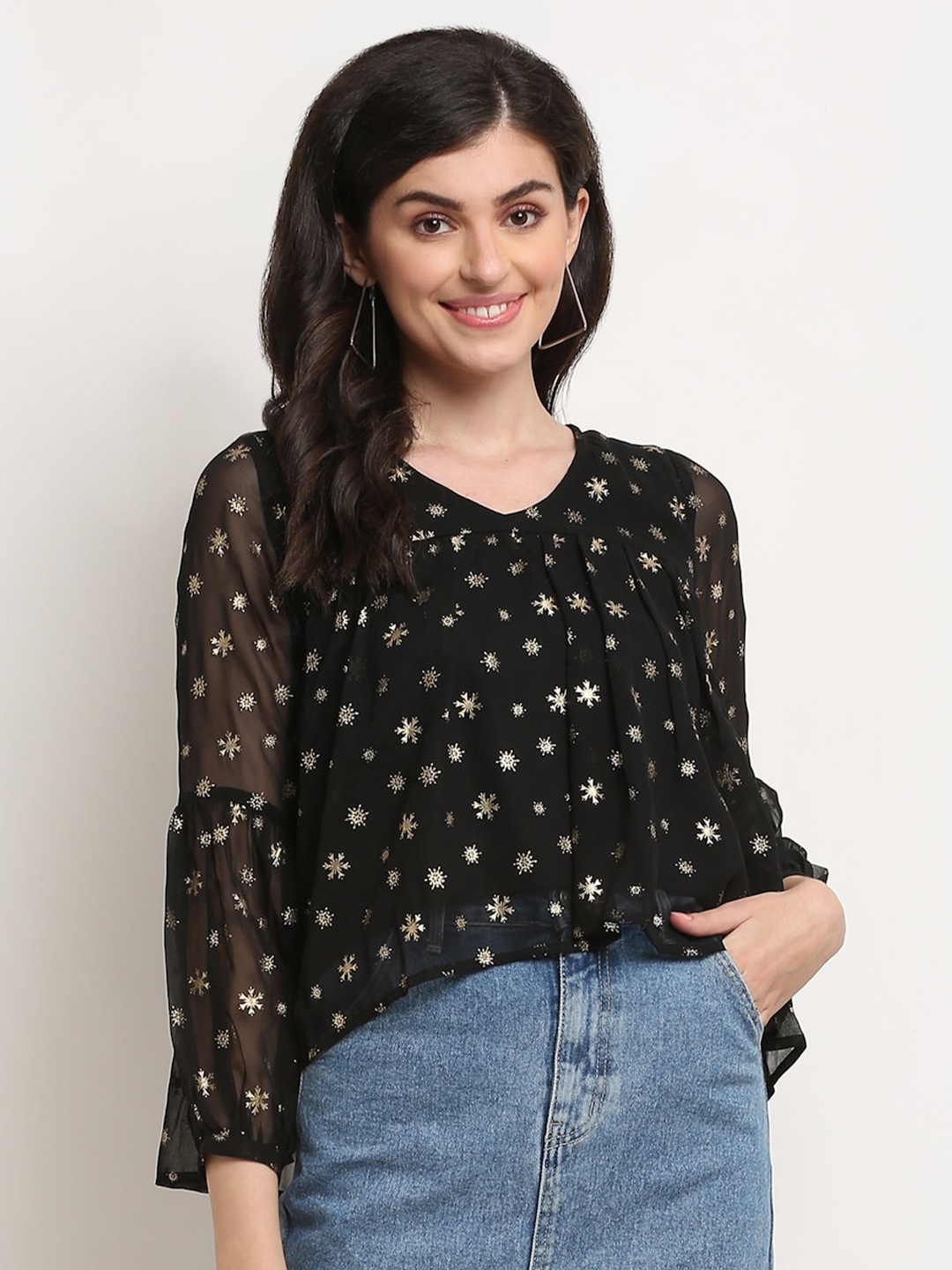 

La Zoire Black Floral Foil Printed Georgette Blouson Top