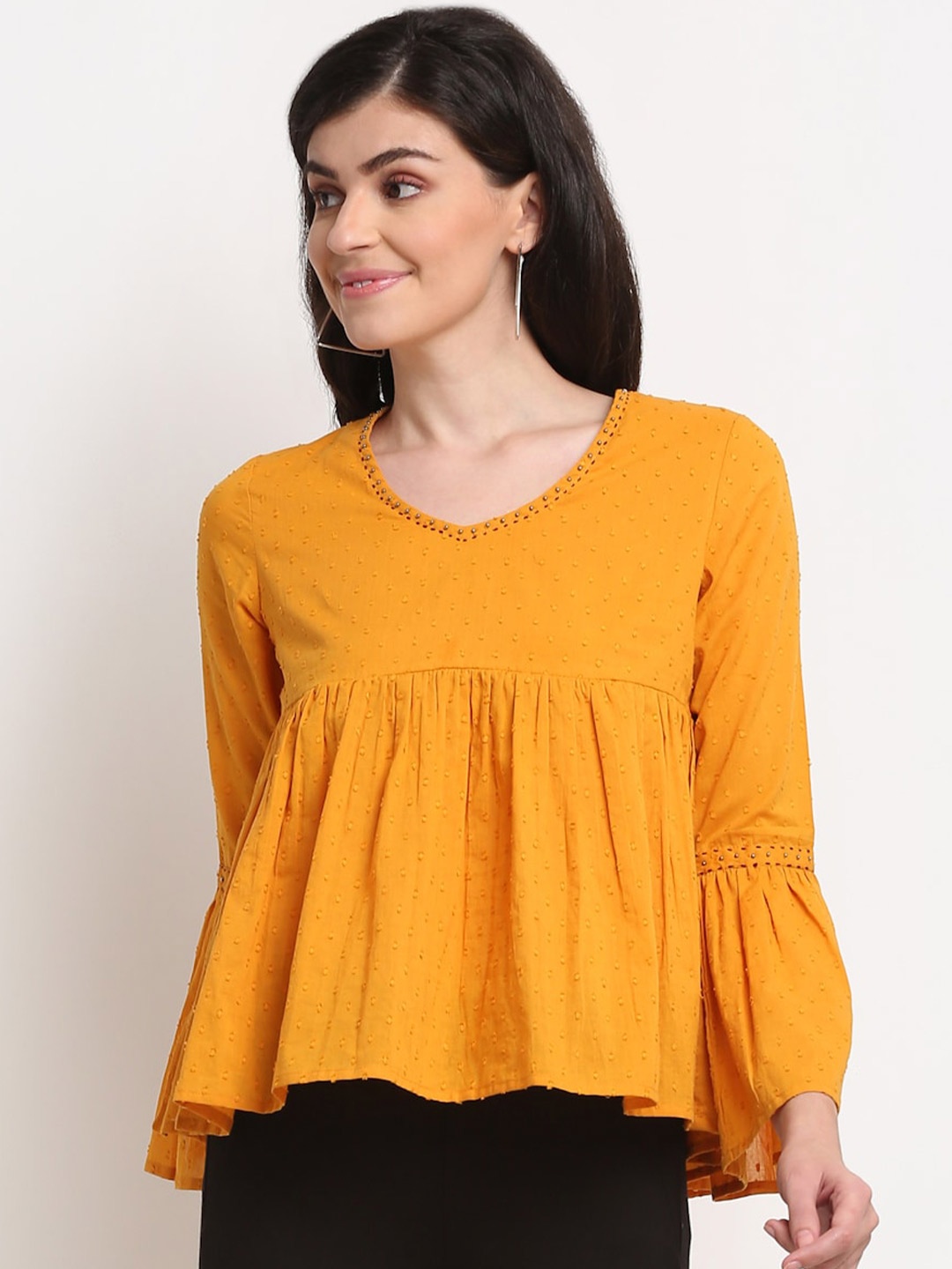 La Zoire Mustard Yellow Cotton A-Line Top