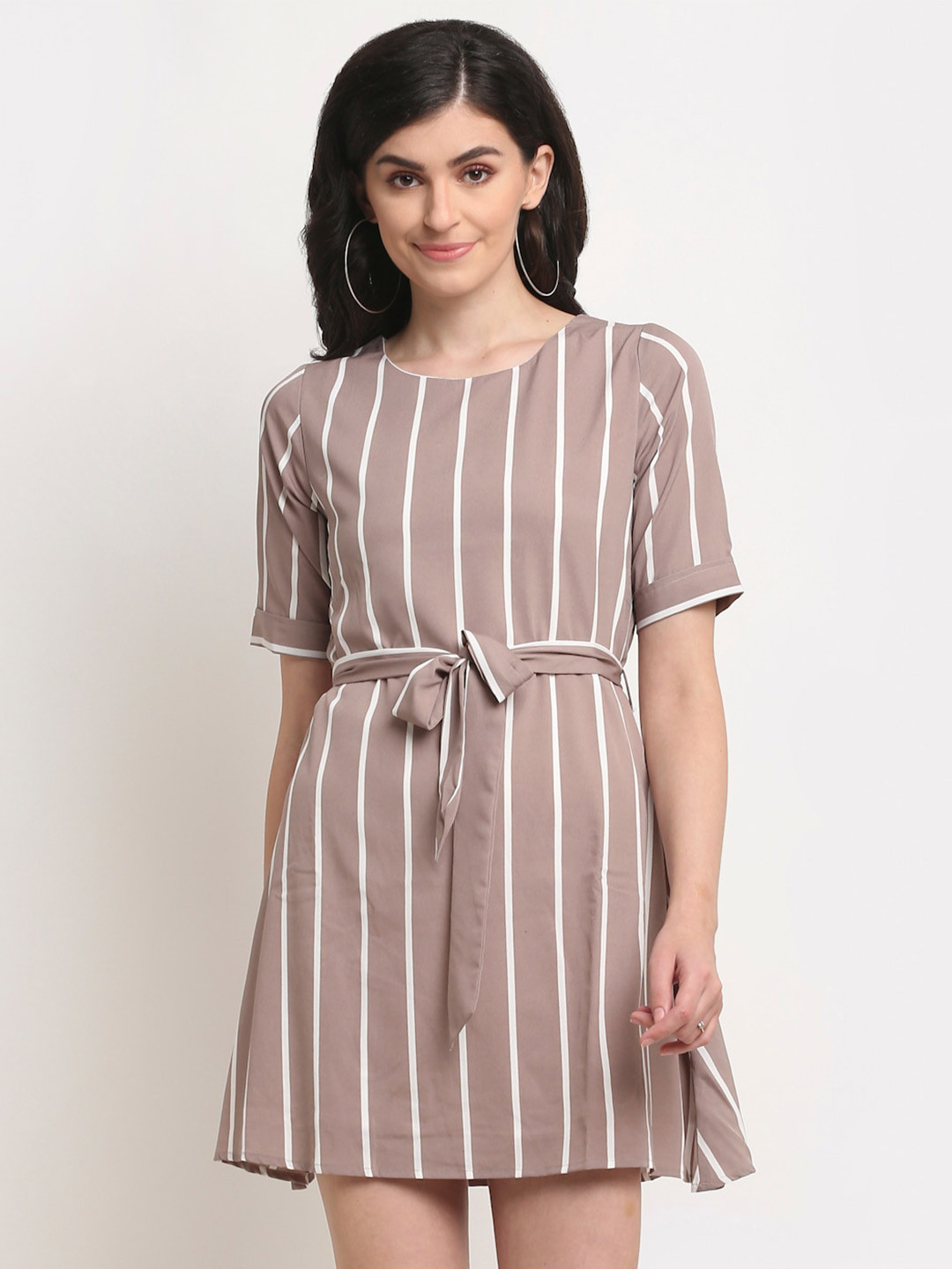 

La Zoire Grey & White Striped Crepe A-Line Dress