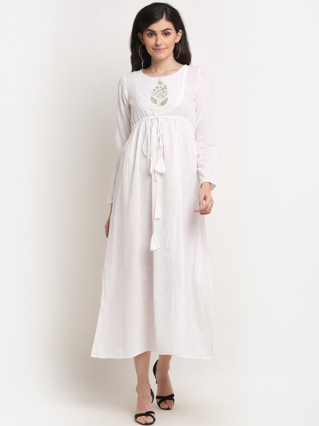 

La Zoire White Floral Embroidered Empire Midi Dress