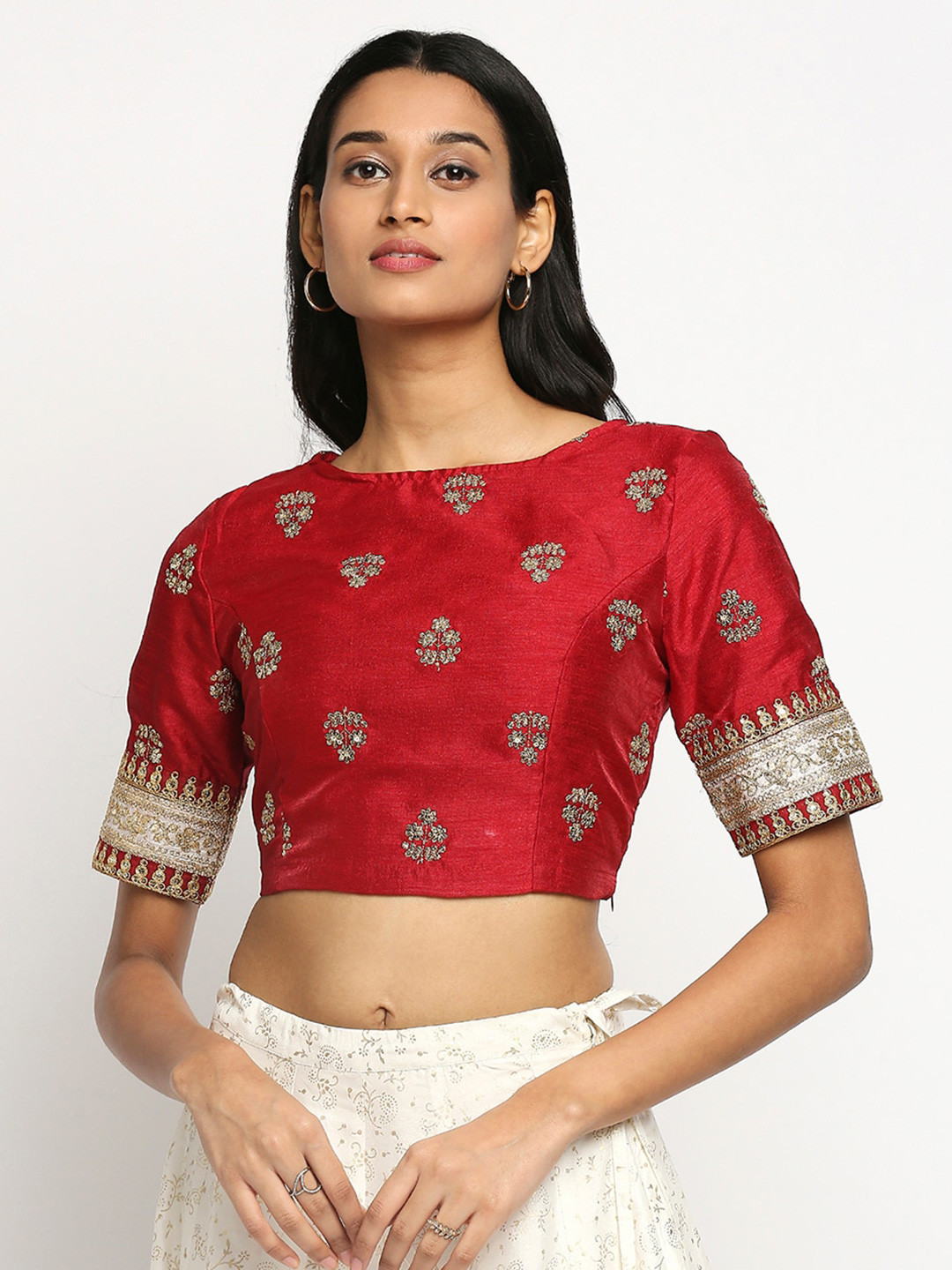 

Ethnicity Red & Silver-Toned Floral Embroidered Crop Top