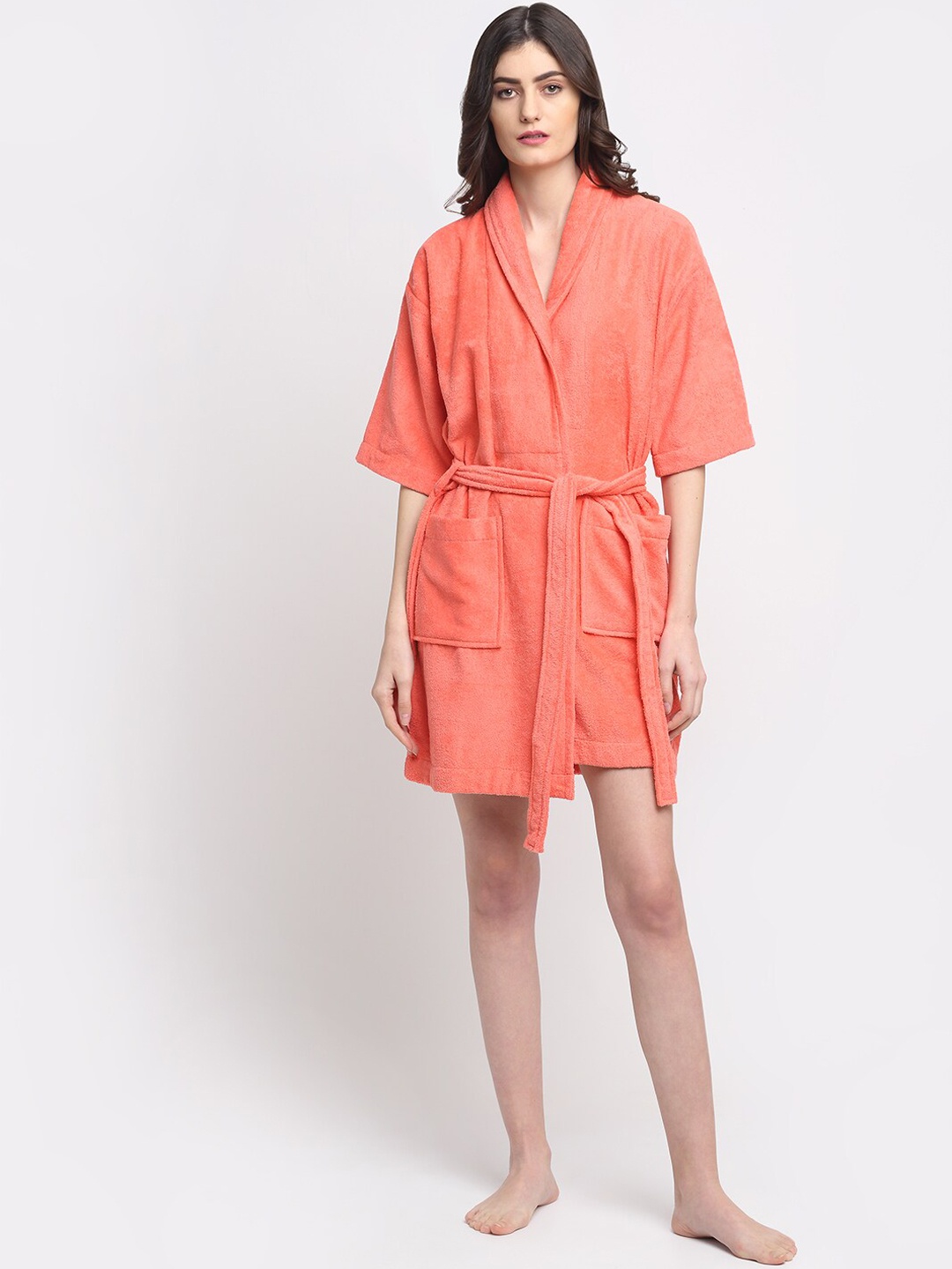 

Creeva Coral Orange Solid 380 GSM Terry Cotton Bathrobe