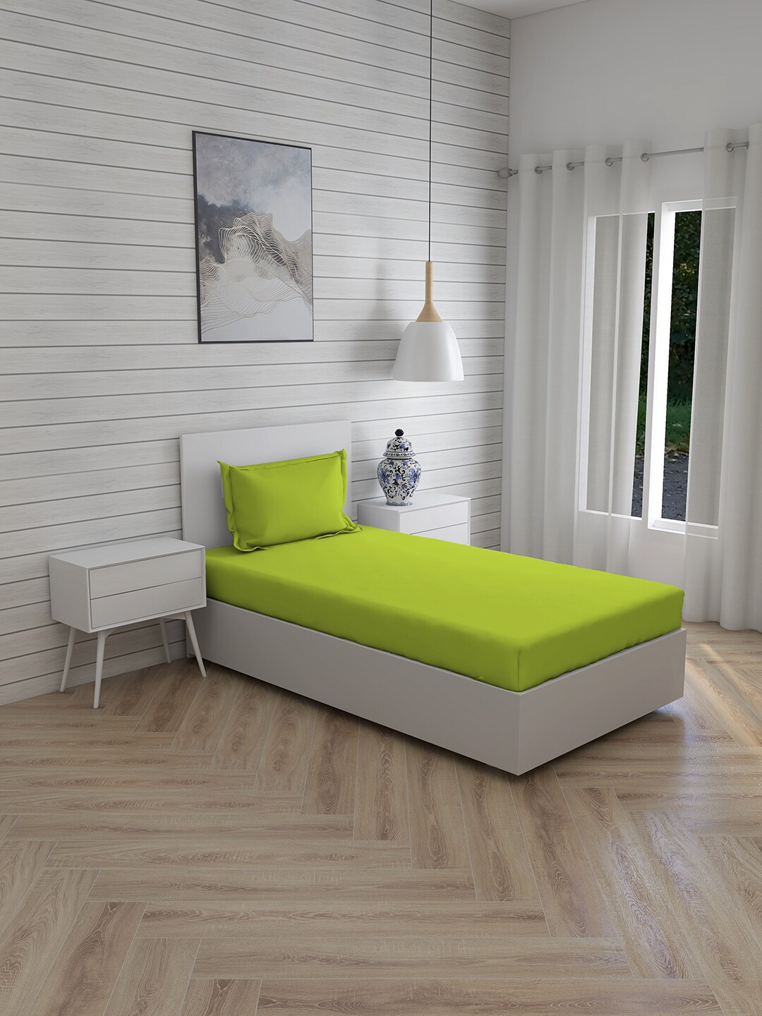 

Layers Lime Green Cotton 144 TC Single Bedsheet with 1 Pillow Cover