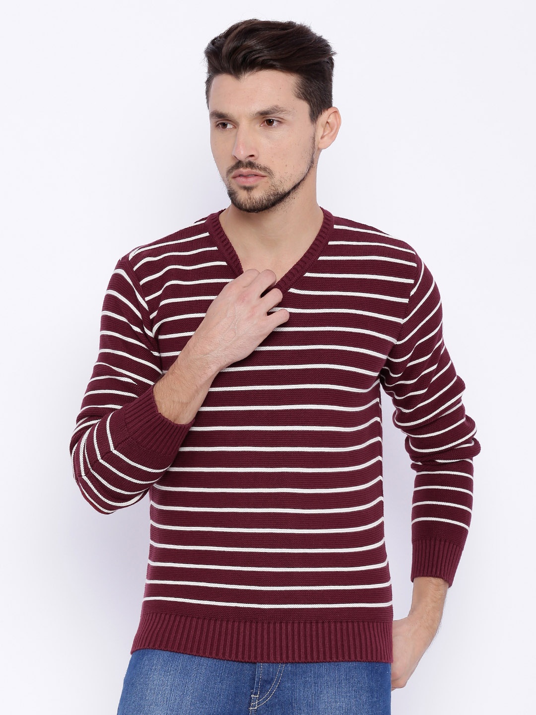 

Basics Maroon & White Striped Sweater