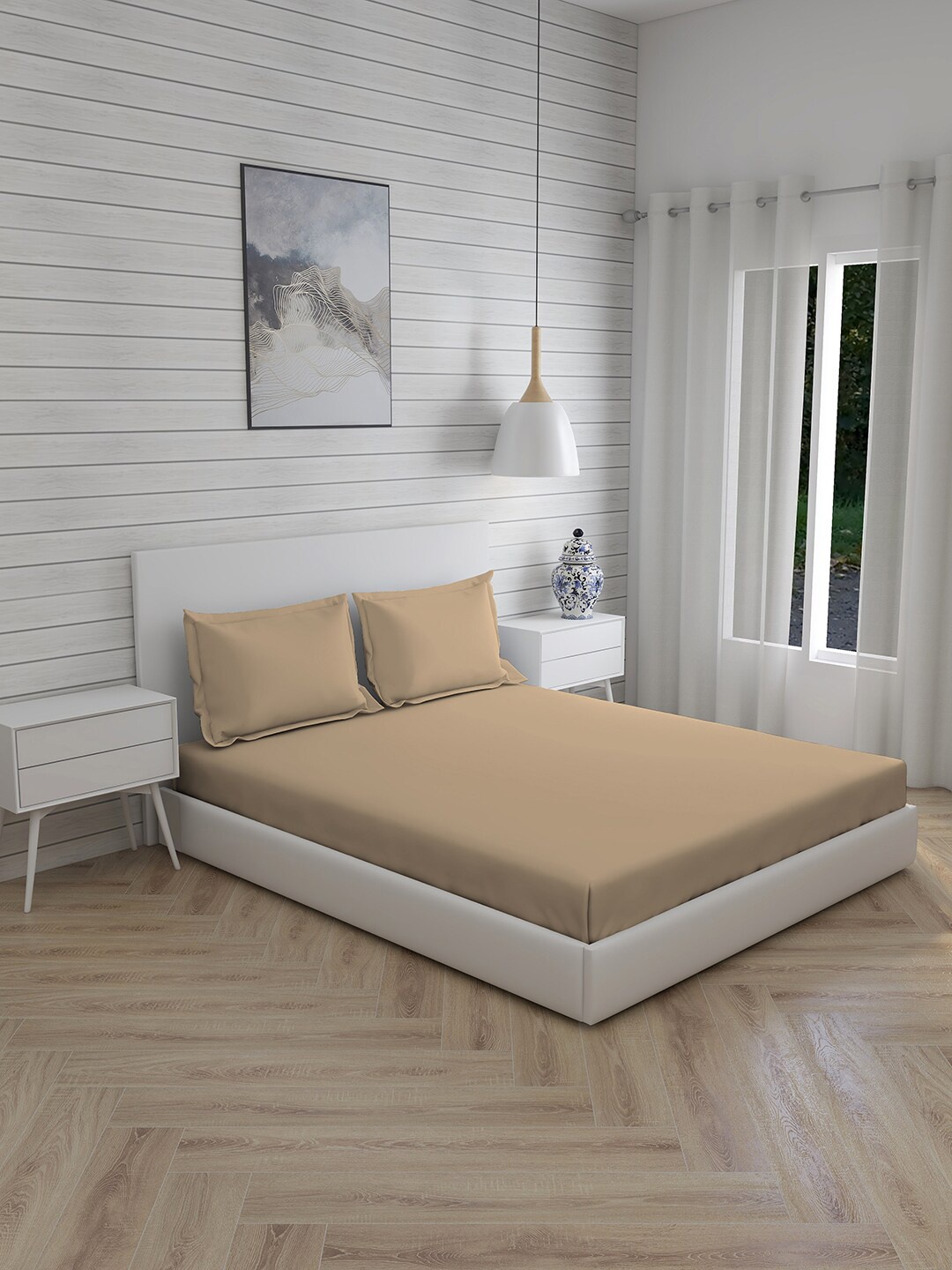 Layers Beige Solid 144 TC Double Bedsheet with 2 Pillow Covers