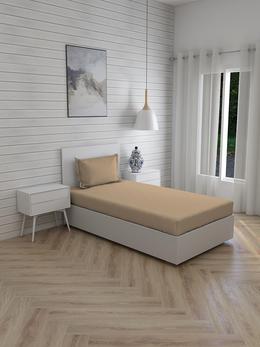 Layers Beige 144 TC Single Bedsheet with 1 Pillow Covers