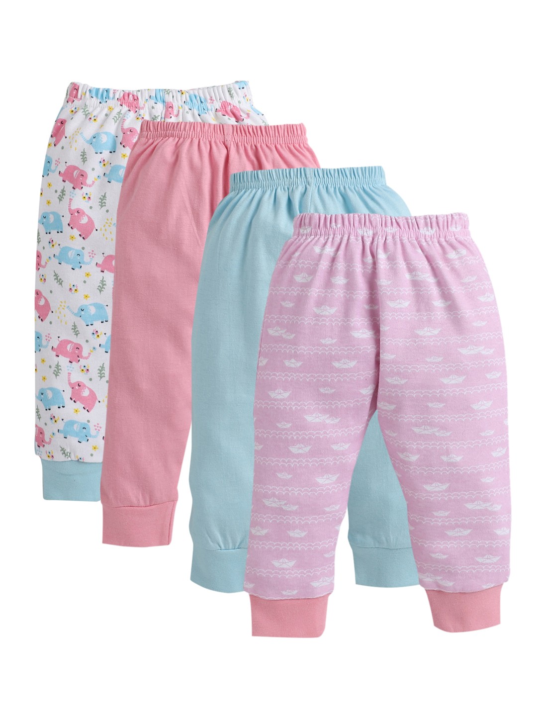 

BUMZEE Infant Girls Pack Of 4 Blue & Pink Printed Cotton Joggers