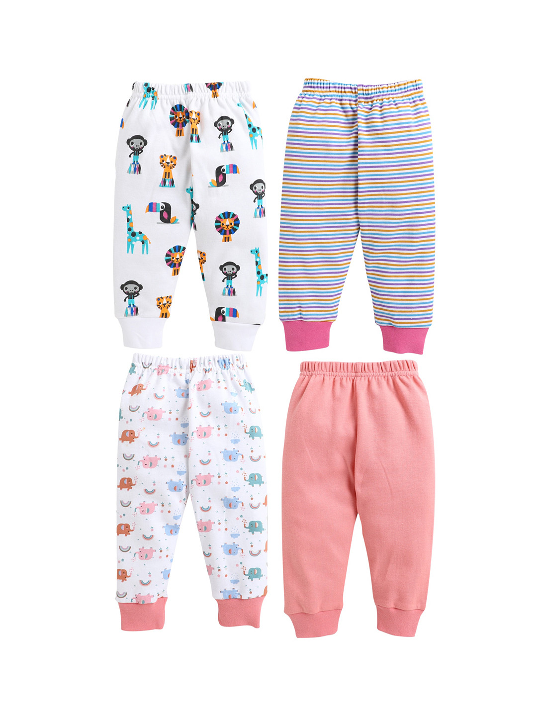 

BUMZEE Girls White & Peach-Coloured Pack Of 4 Cotton Joggers