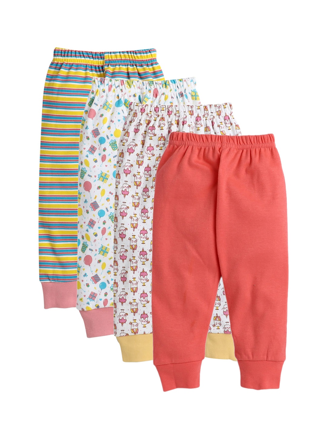 

BUMZEE Girls Pack Of 4 Graphic Printed Cotton Joggers, Peach