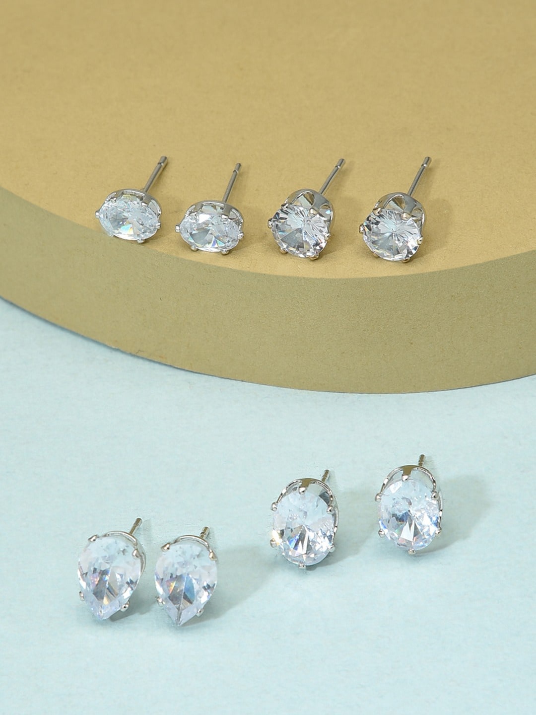 

AMI Set of 4 Silver-Plated White Cubic Zirconia Studs Earrings