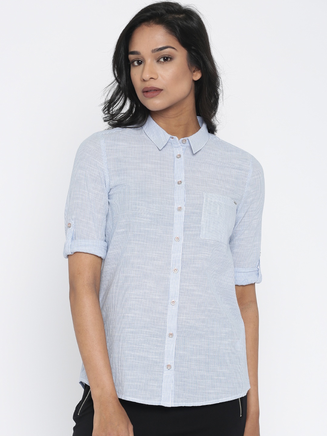 

ONLY Women Blue Regular Fit Striped Casual Shirt