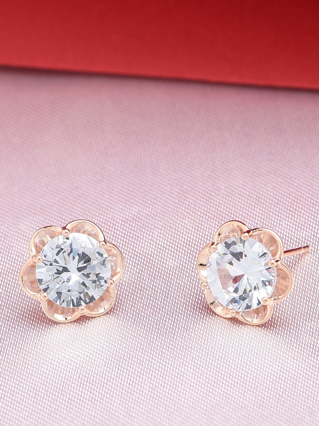 

AMI Rose Gold-Plated White Cubic Zirconia Floral Studs Earrings