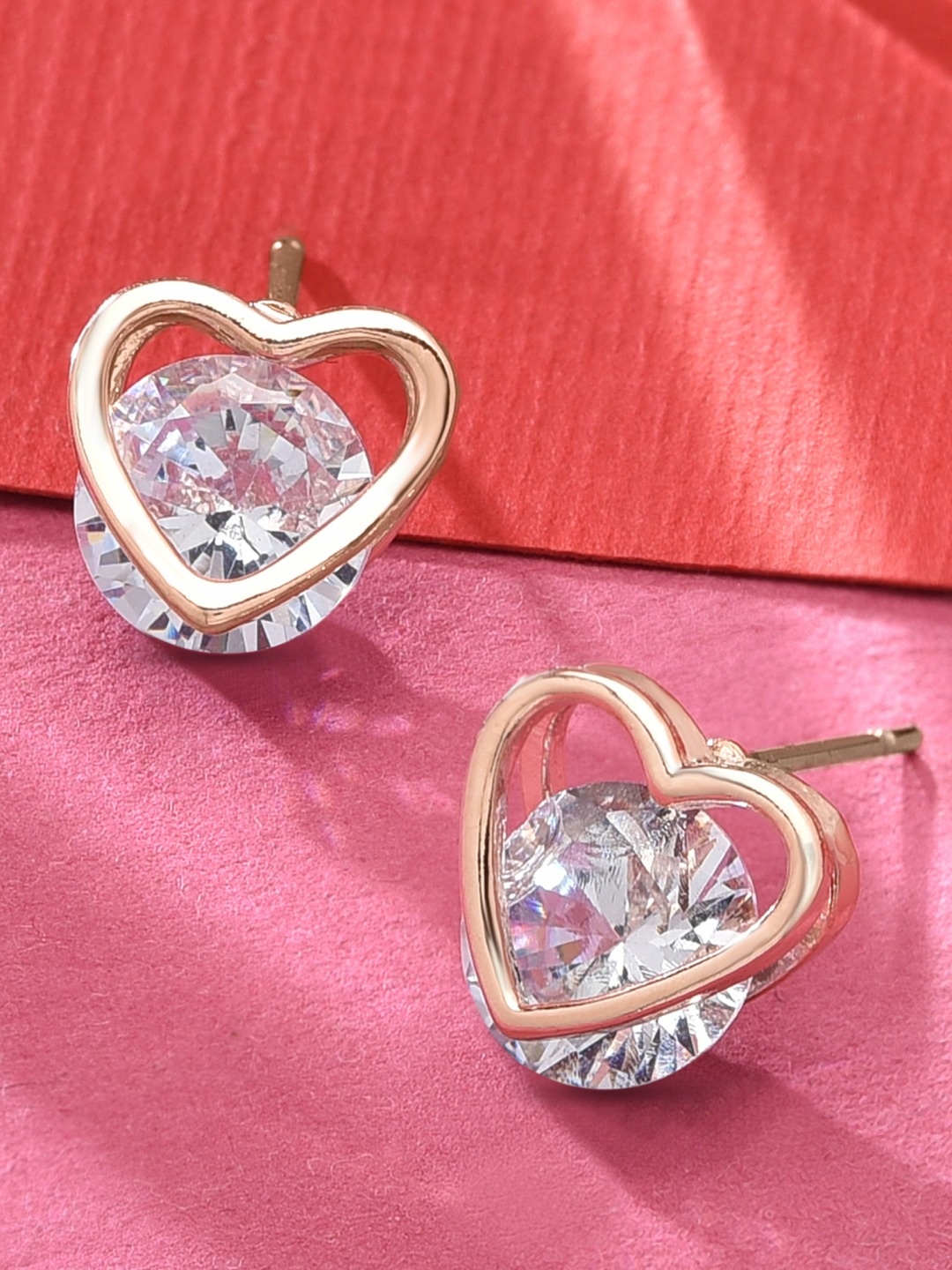 

AMI Rose Gold-Plated & White Cubic Zirconia Heart Shaped Studs Earrings