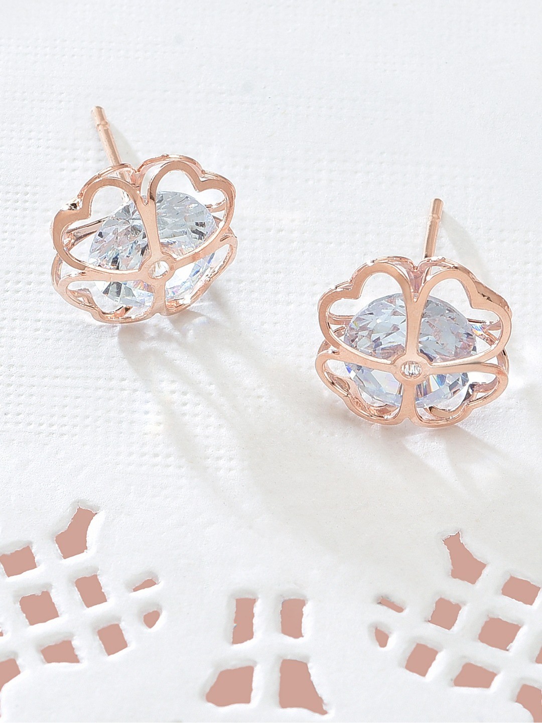 

AMI Rose Gold-Toned Cubic Zirconia Studded Floral Studs Earrings