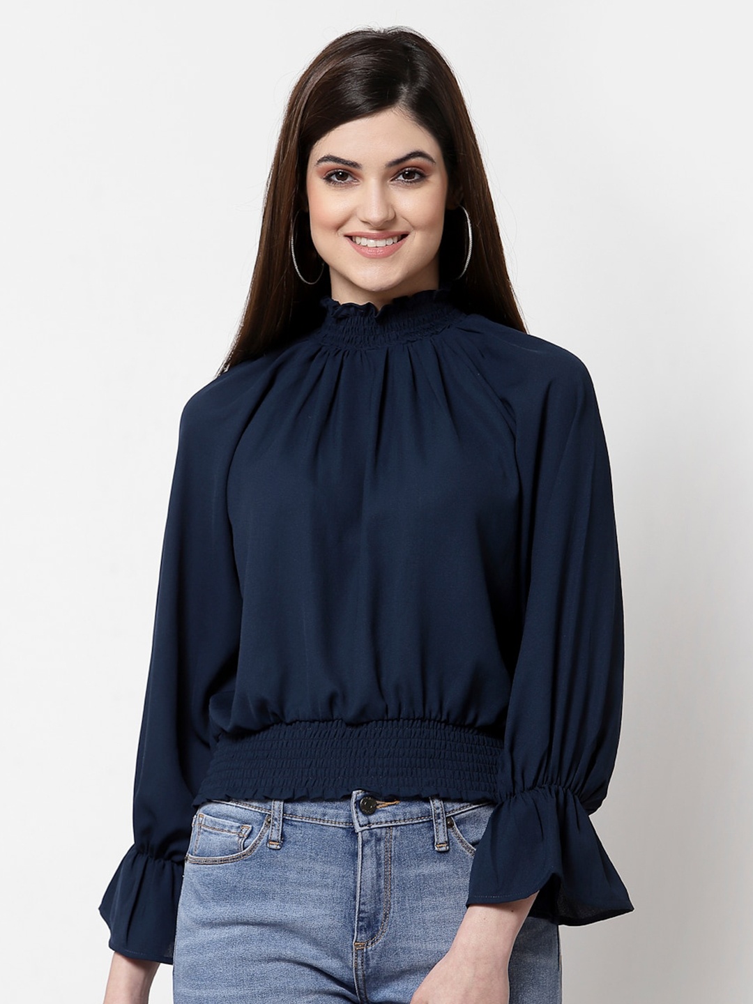 

Style Quotient Navy Blue Crepe Blouson Top