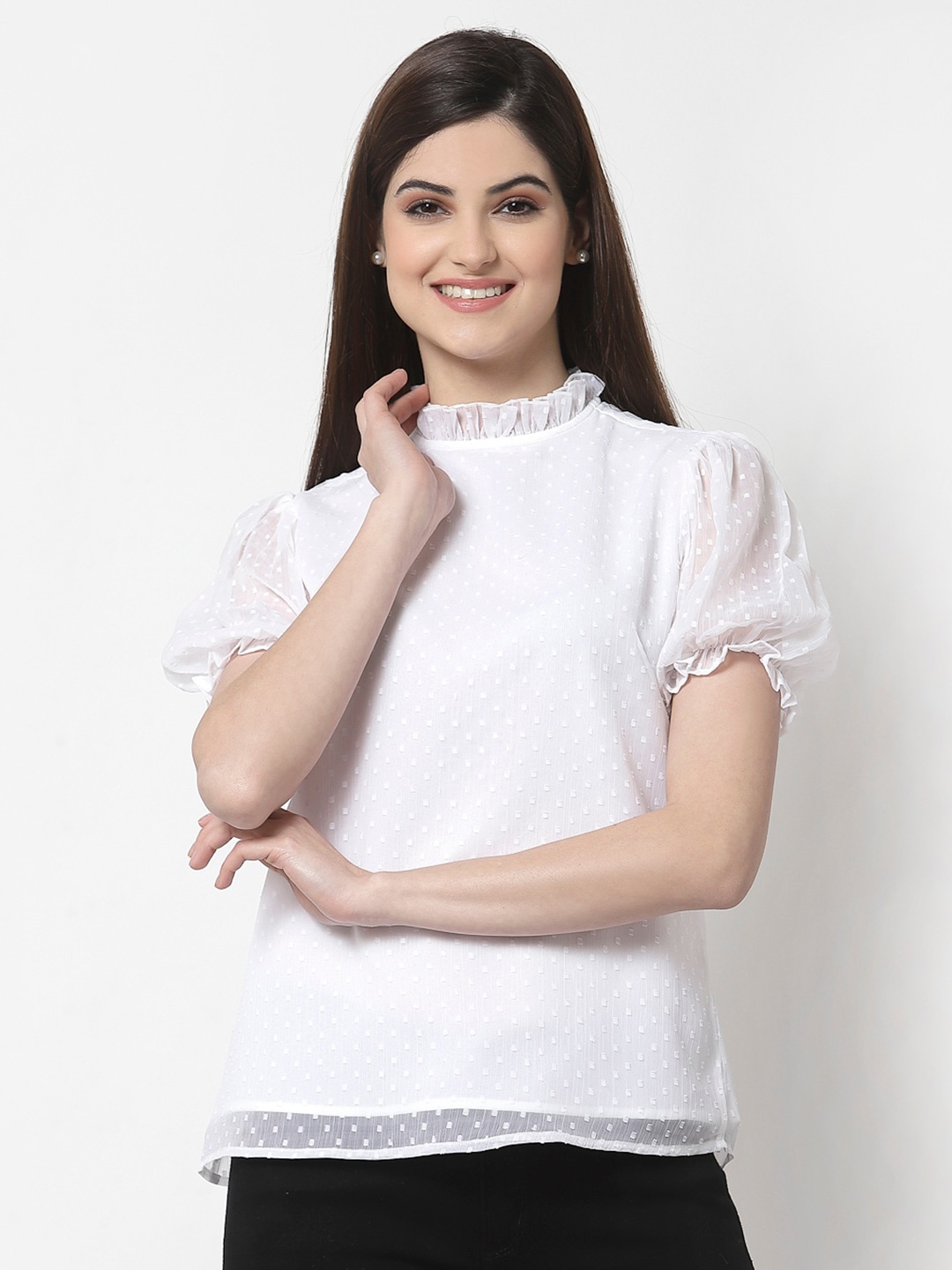 

Style Quotient White Dobby Puff Sleeves A-line Top