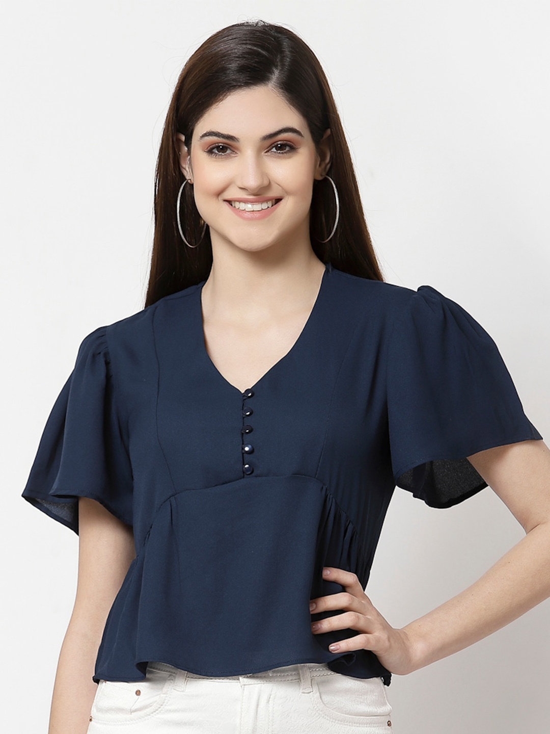 

Style Quotient Navy Blue Solid Crop Peplum Top
