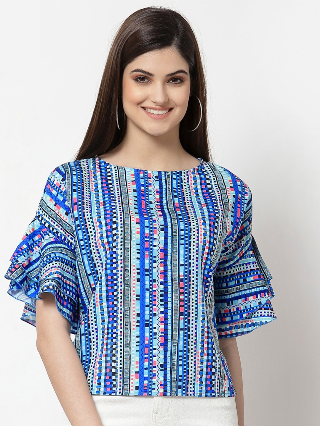 

Style Quotient Blue & Multicoloured Striped Crepe Top