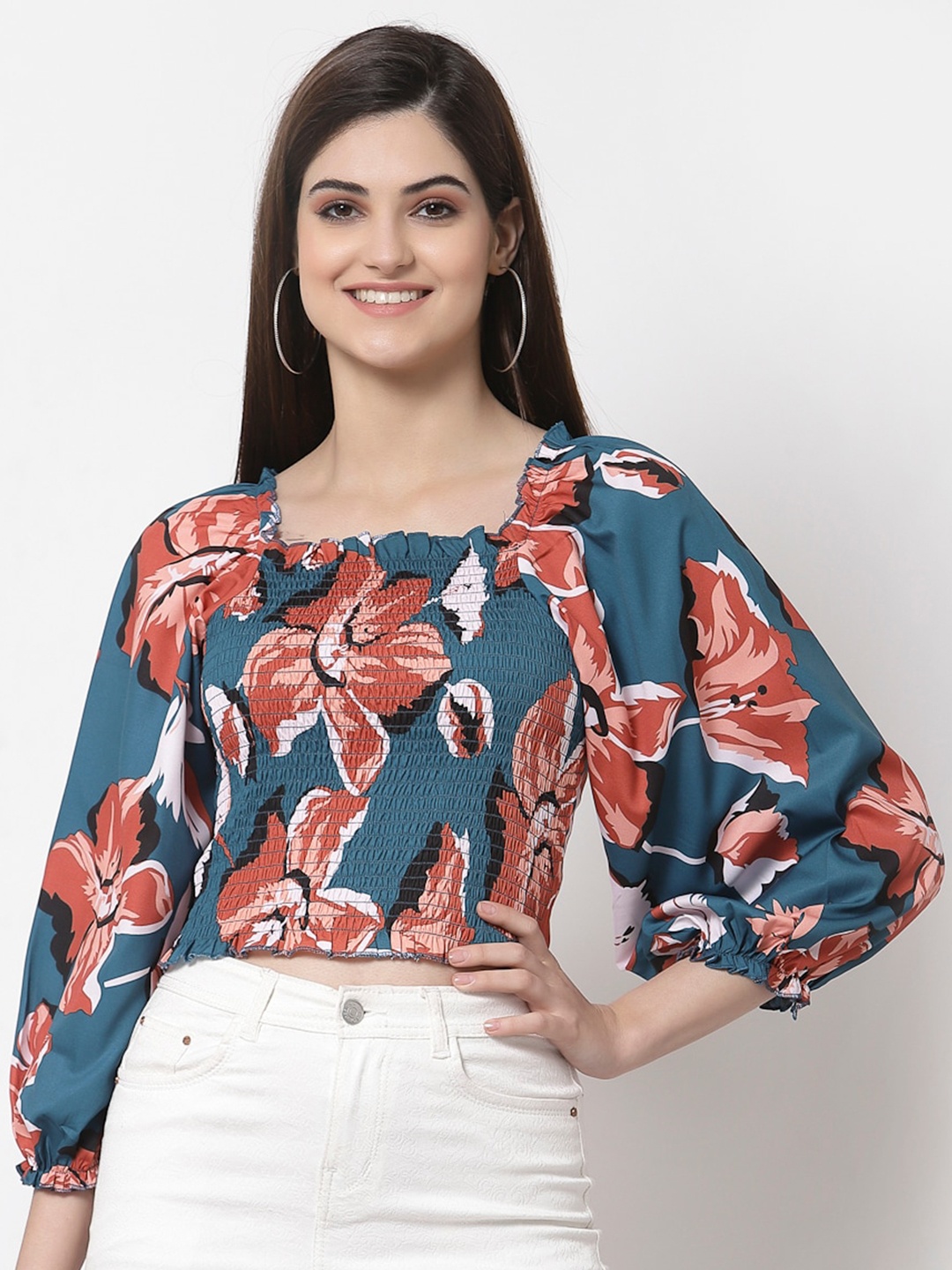 

Style Quotient Teal & Rust Floral Print Crepe Top