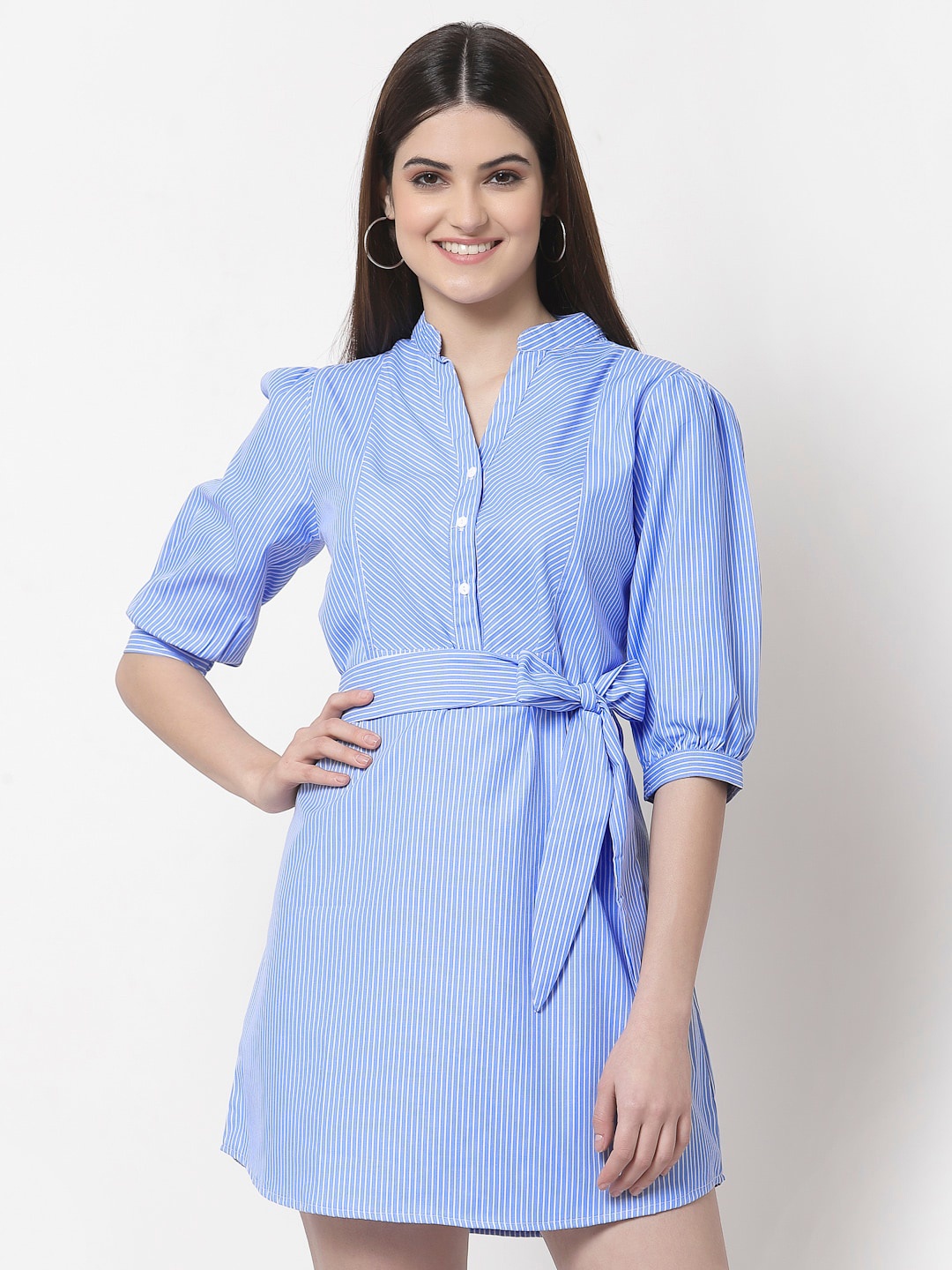 Style Quotient Blue Striped Cotton Shirt Mini Dress