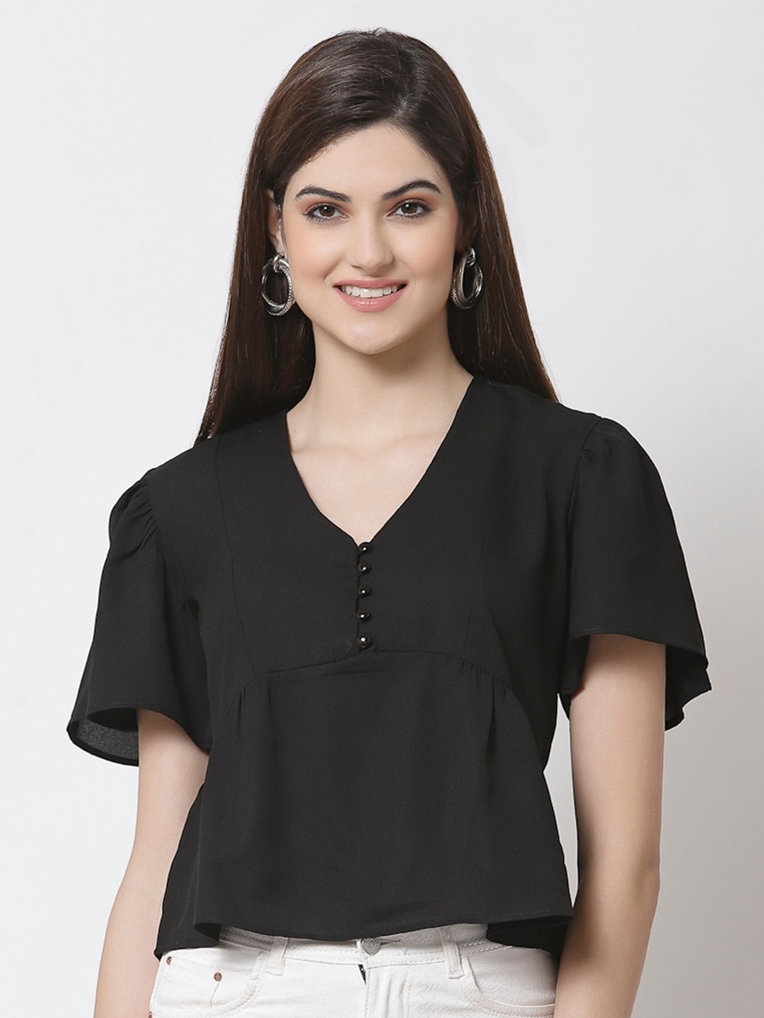

Style Quotient Black Solid Crepe Crop Peplum Top
