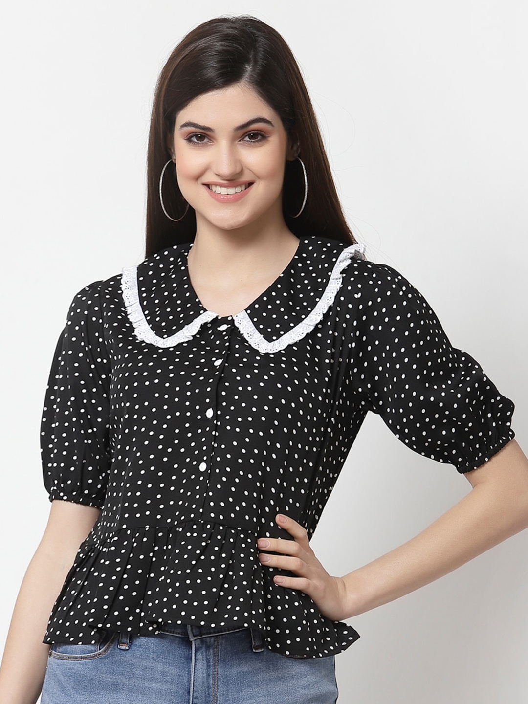 

Style Quotient Black & White Polka Dots Print Peplum Top