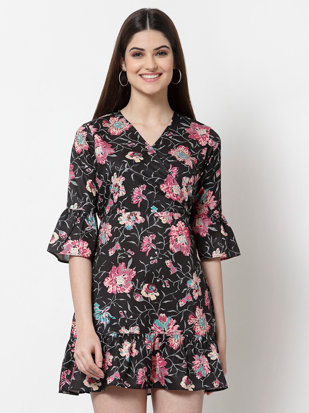 Style Quotient Black Floral Crepe Mini Dress