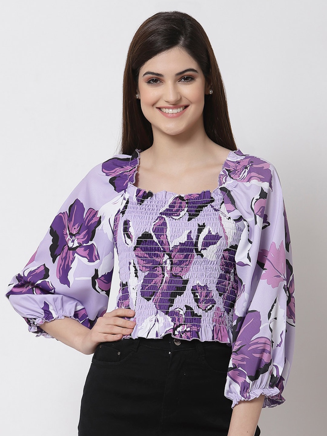 Style Quotient Lavender Floral Print Smocked Crepe Crop Top