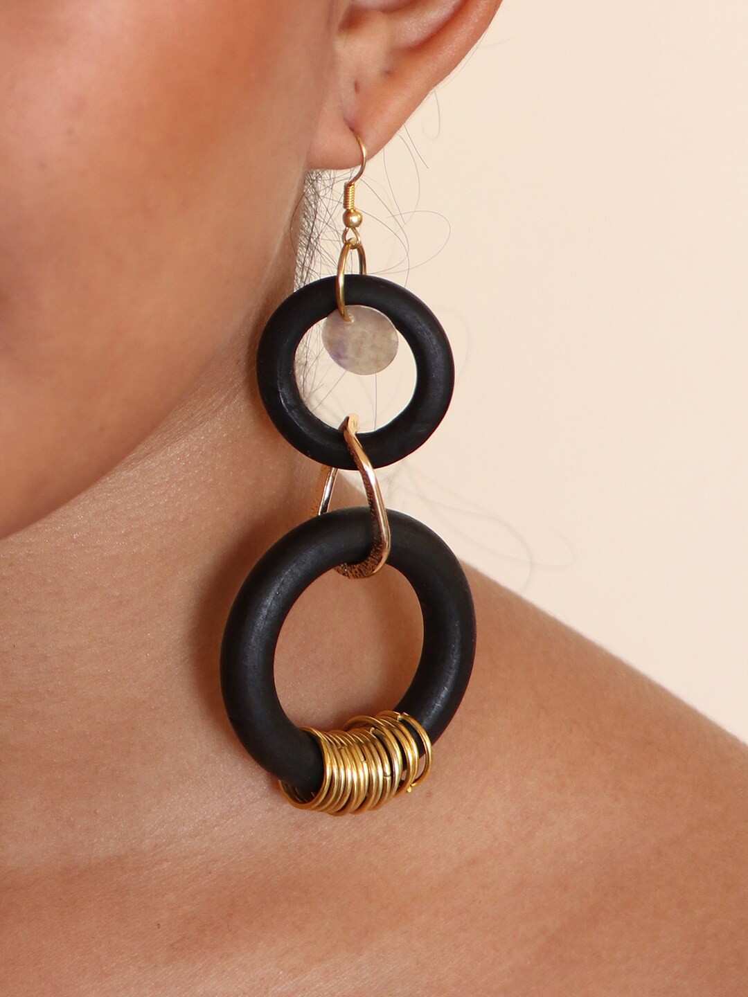 

Ayesha Black & Gold-Toned Oversized Wooden Circular Hook Drop Earrings