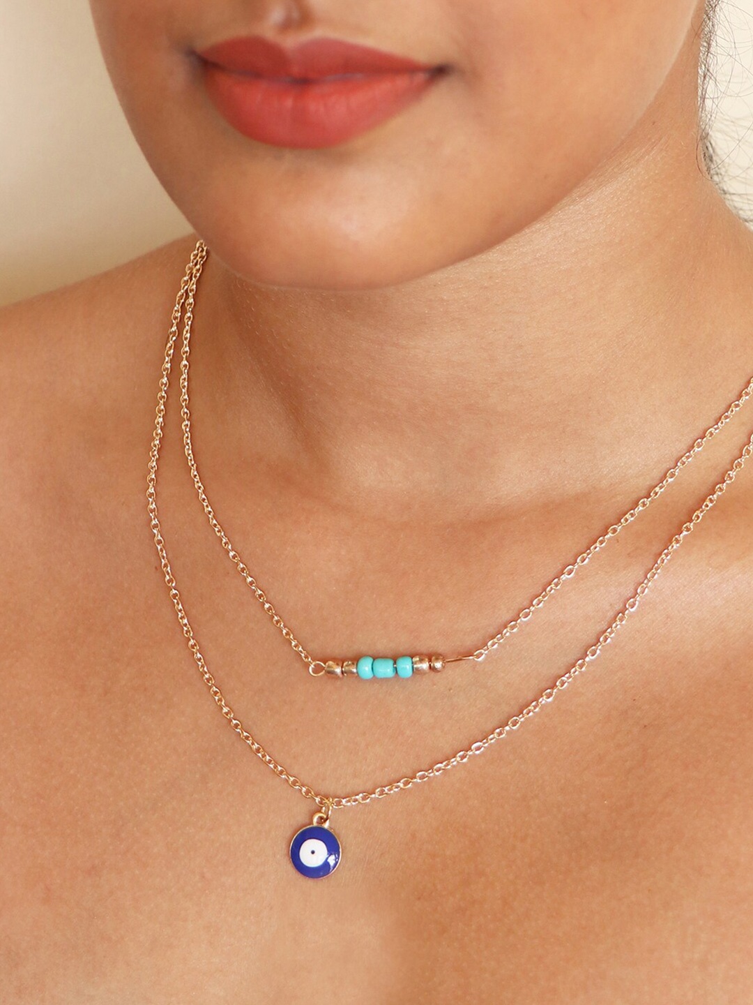 

Ayesha Gold-Toned & Blue Gold-Plated Evil Eye Mini Pendant Beaded Dainty Layered Necklace