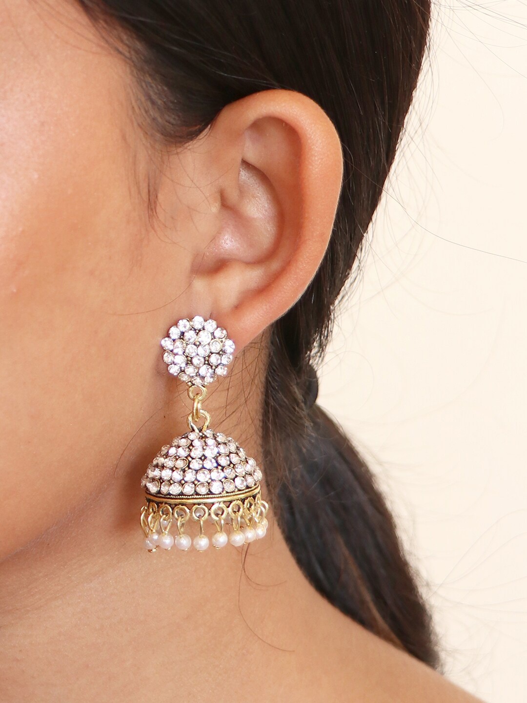 

Ayesha Gold-Toned Contemporary Ethnic Studded Jhumka Earrings