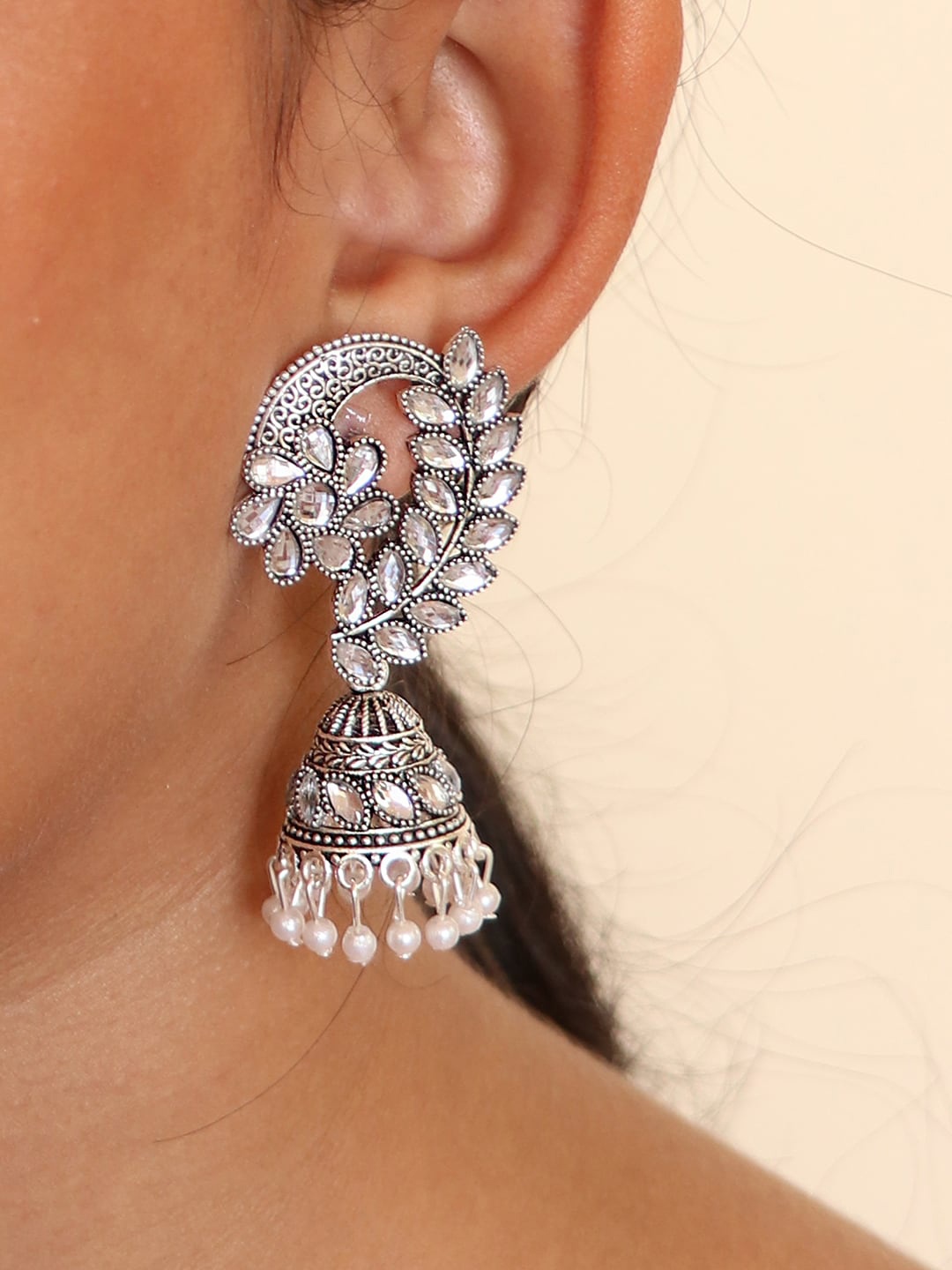 

Ayesha Silver-Plated Rhinestone Studded Oxidized Jhumkas Earrings